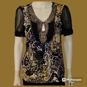 ALBERTO MAKALI Fairycore Bedazzled Keyhole Puff Sleeve Festival Blouse